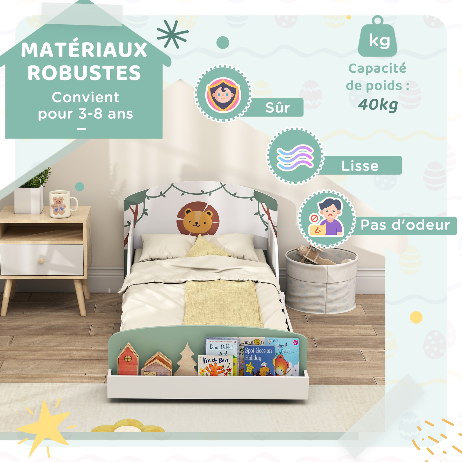 Lit enfant 70 x 140 cm, lit pour enfant avec barriere de securite et sommier à lattes, espace de rangement, vert