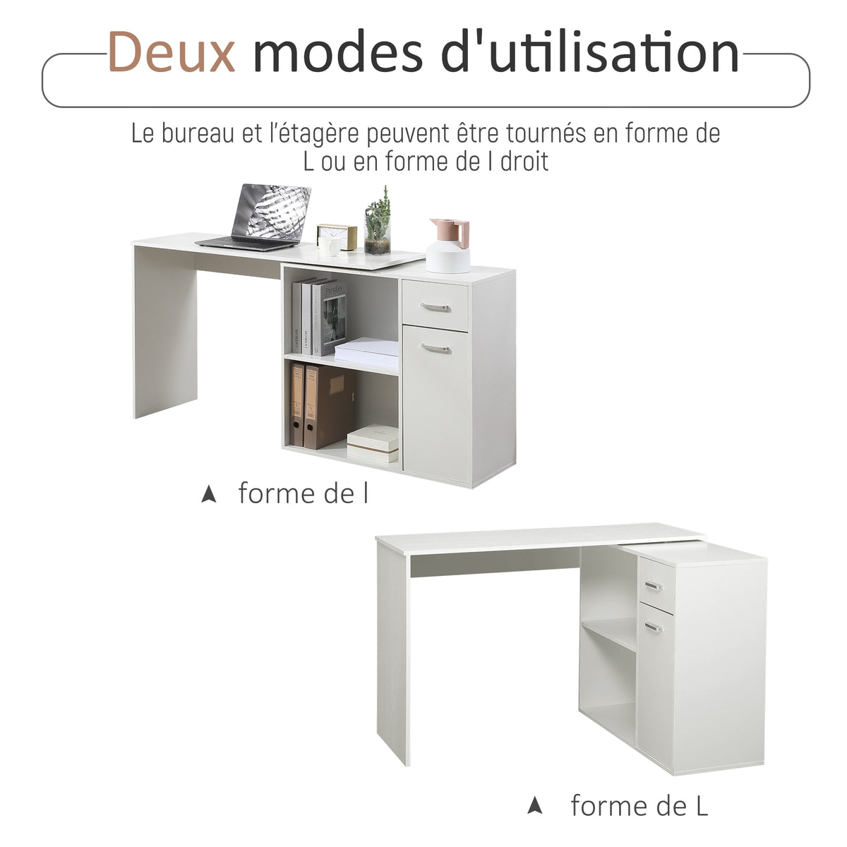 Bureau d'angle rotatif à 180°, bureau d'ordinateur, bibliothèque, tiroir, placard, poste de travail, 117x82x74cm, blanc