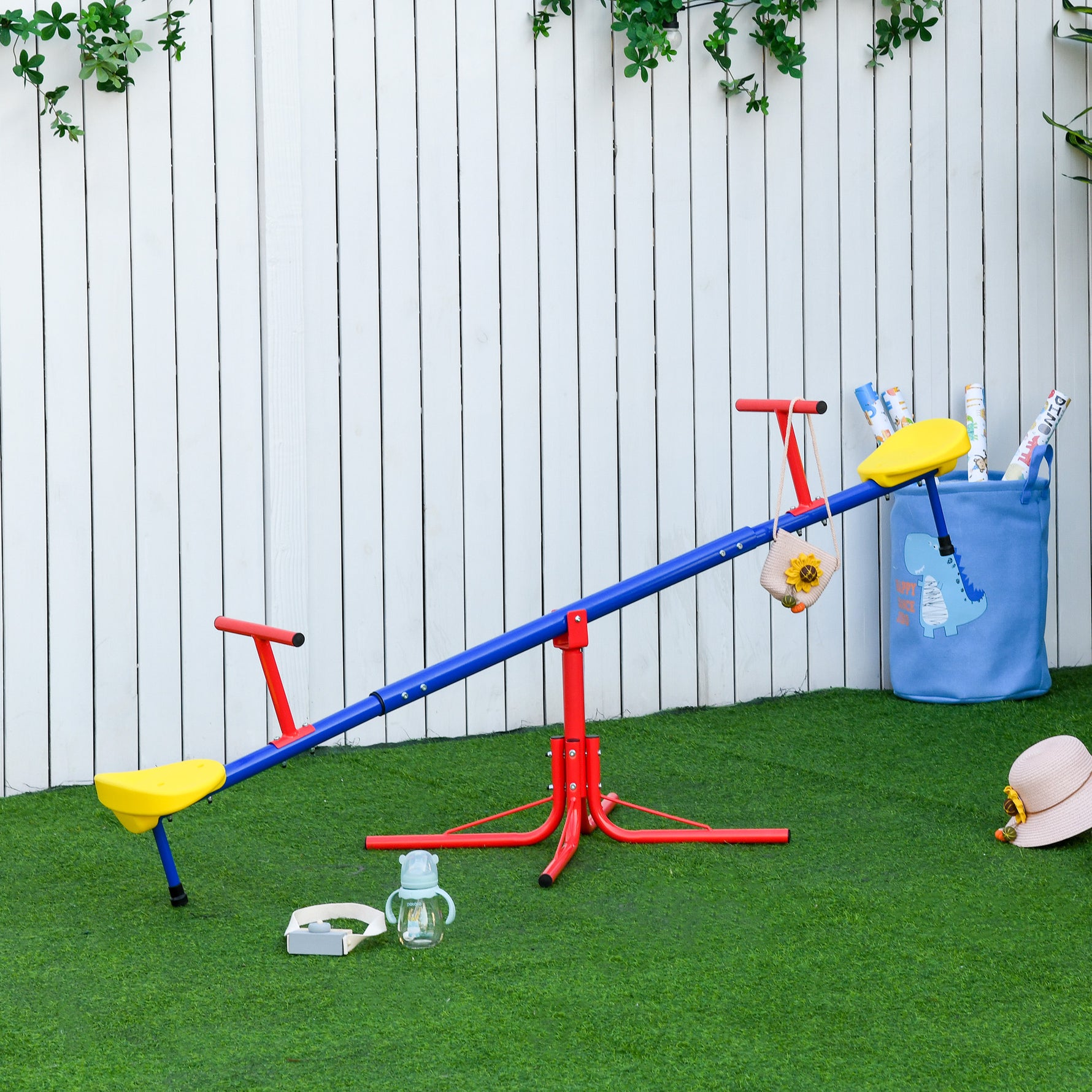 Balançoire à bascule pour enfant 3 à 8 ans trébuchet rotatif 360° pied 4 tiges poignée 184 x 76 x 71 cm, multicolore