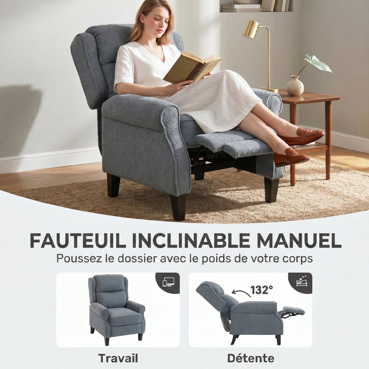 Fauteuil relax inclinable en polaire Teddy, fauteuil de relaxation avec repose-pieds extensible, assise rembourrée, gris