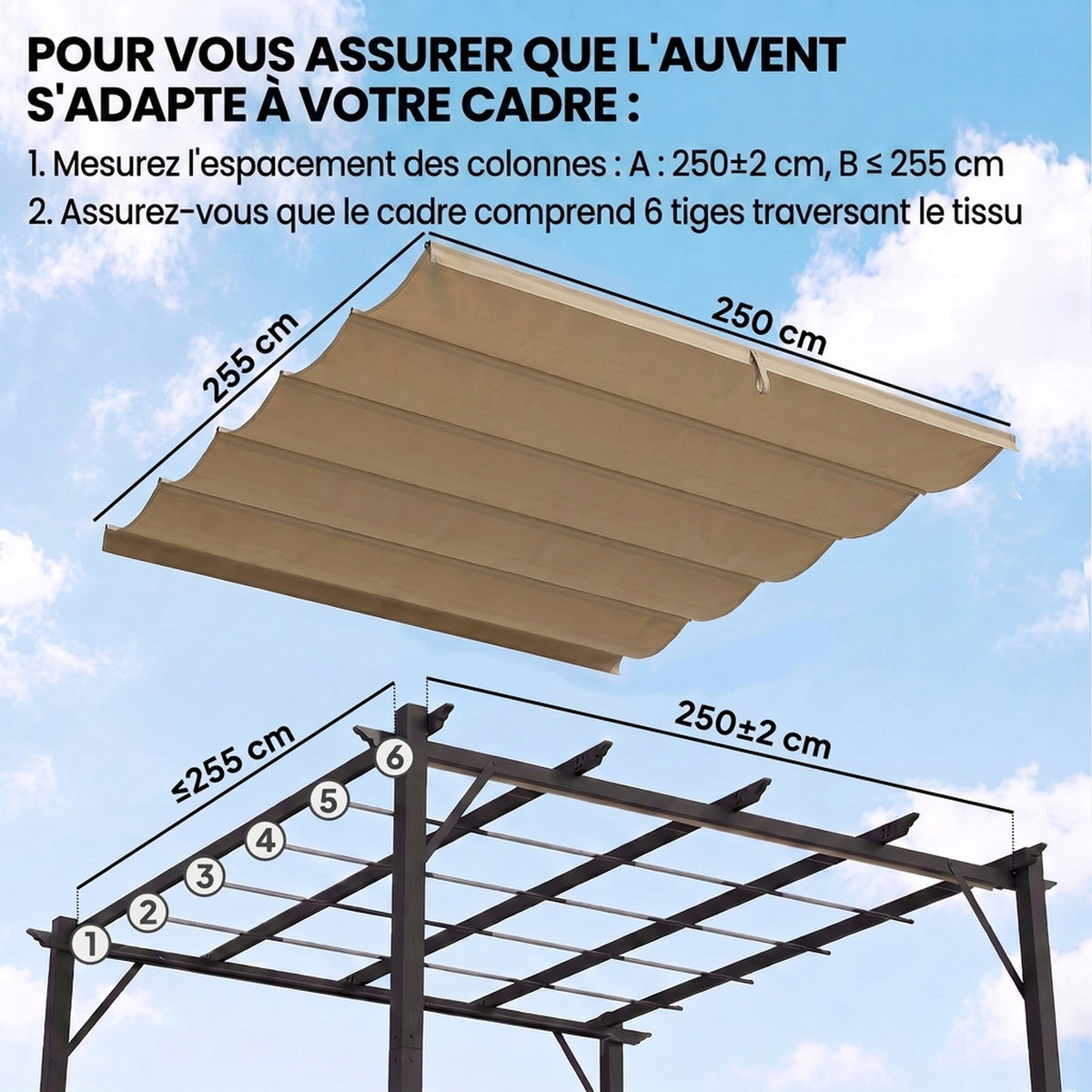 Toile de Toit pour Pergola Tonnelle Rétractable de 3 x 3 m - Toile Uniquement 250 x 255 cm, Ecru
