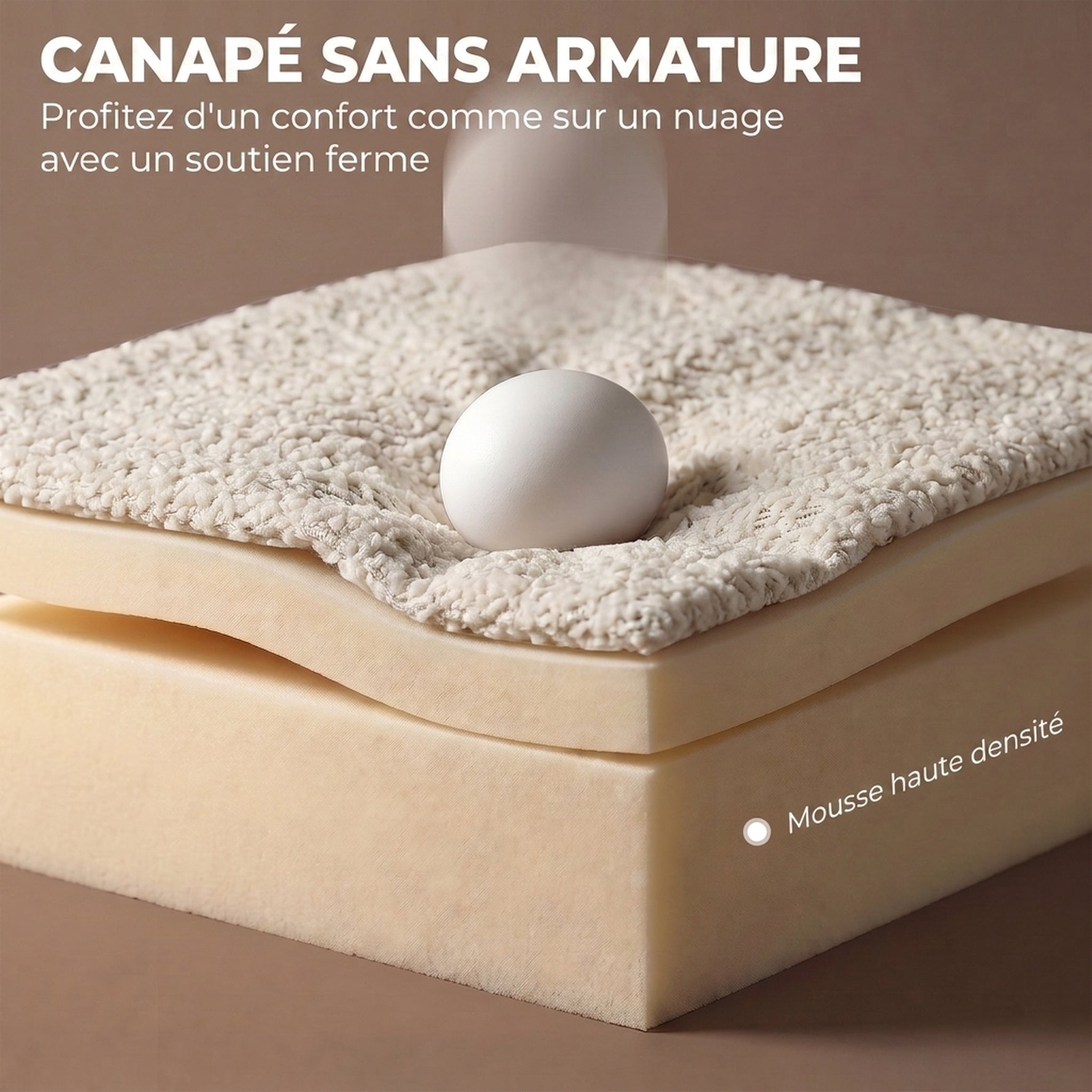 Canapé 3 Places Incurvé en Chenille 188 cm, Canapé Salon avec Assise Profonde, 6 Coussins, Rembourrage Épais, Crème