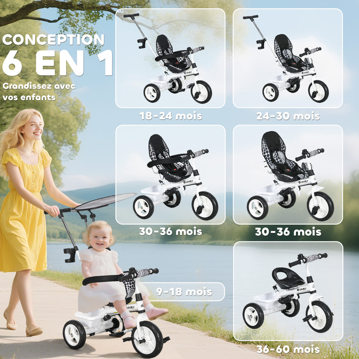 Tricycle Enfants Pare-Soleil Pliable Canne Amovible Benne Rangement 105 x 47 x 98 cm Acier Blanc et Noir