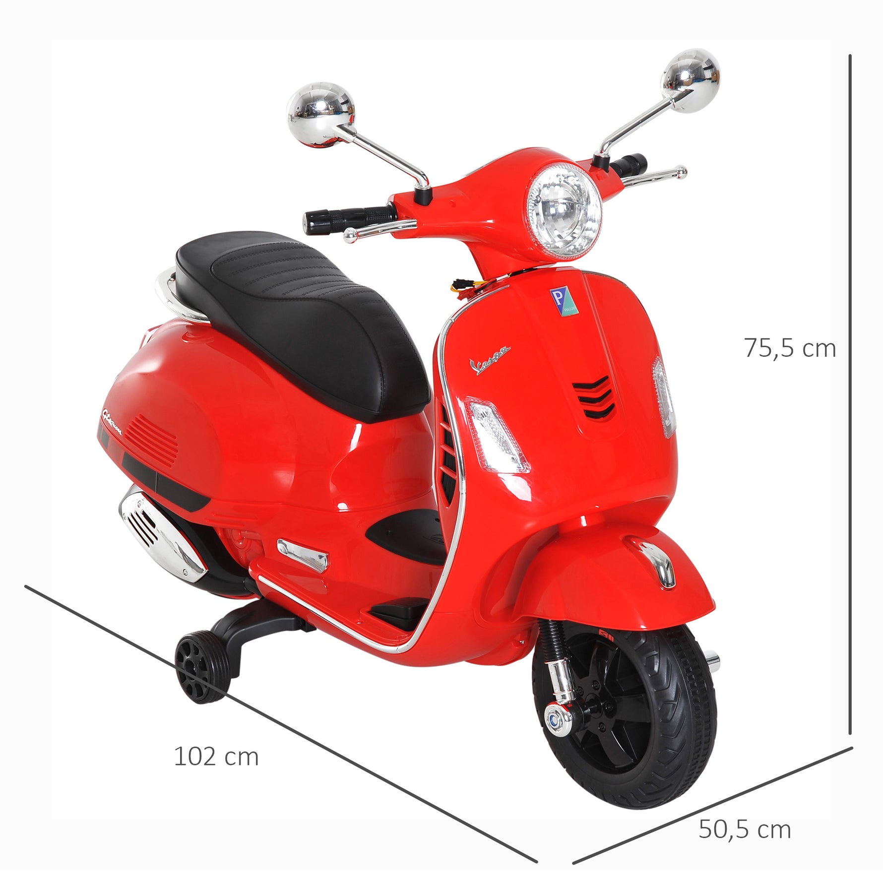 Vespa Scooter Moto électrique Enfants 6 V dim. 102L x 51l x 76H cm Musique MP3 Port USB klaxon Phare feu AR Rouge