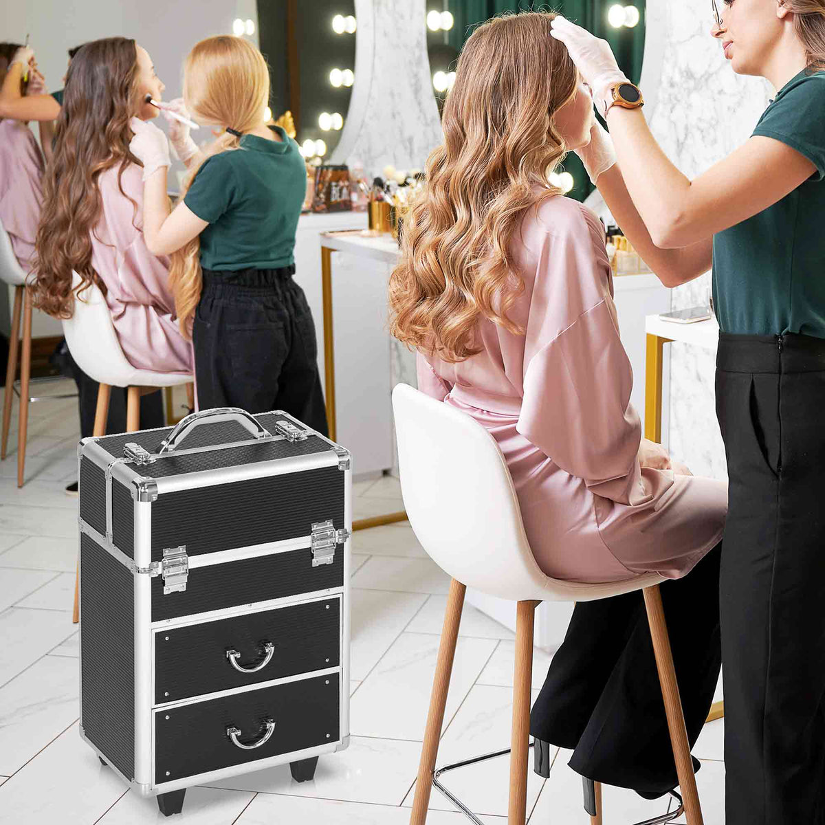 Valise trolley maquillage mallette cosmétique vanity poignée télescopique réglable 36L x 23l x 58H cm alu ABS noir