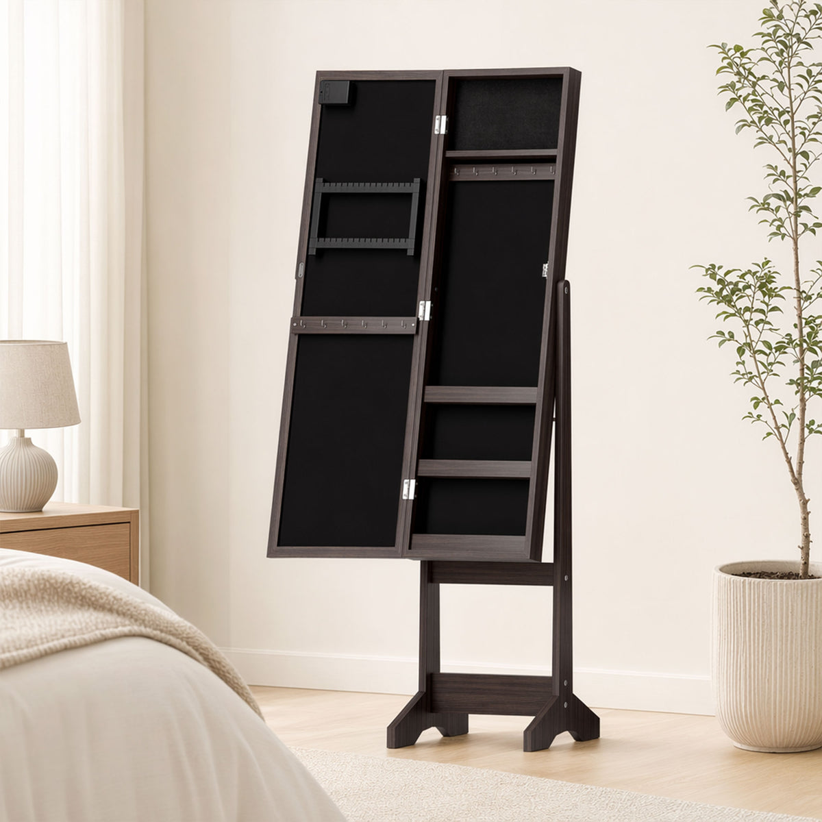 Armoire à Bijoux, Armoire de Rangement sur Pieds, Boîte à Bijoux avec Miroir Multi-Rangements Éclairage LED Marron Foncé