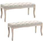 Lot de 2 banc Banquette capitonnée Style Classique 110 cm Bout de lit Rembourrée en lin piètement Bois hévéa sculpté
