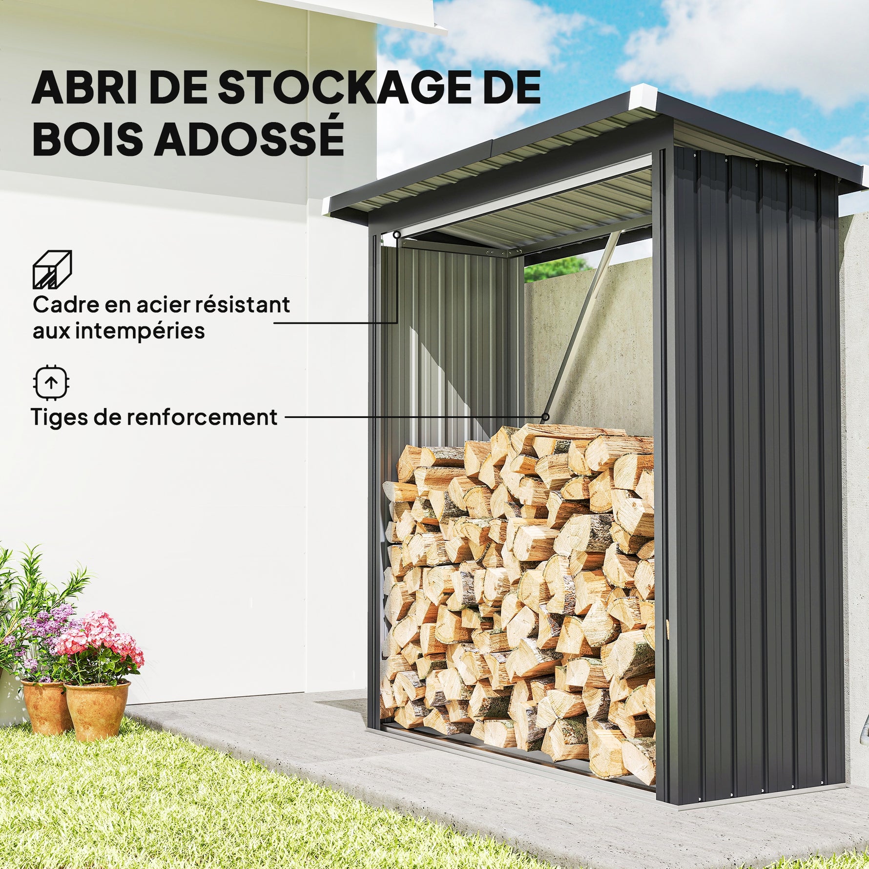 Abri-bûches couvert support pour bois de chauffage plancher surélevé toit incliné, acier galvanisé 150x66,5x150cm gris