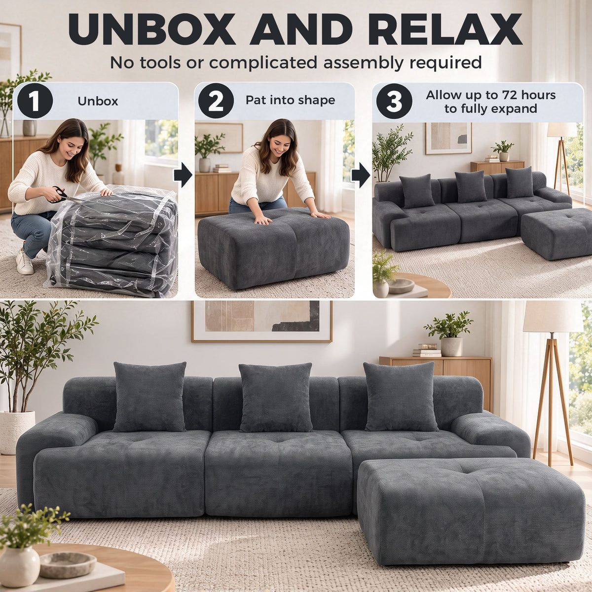3-Seater Modular Corner Sofa with Chenille Ottoman, 300 cm Compressed Sofa with Deep Seat, 3 Cushions, Grey