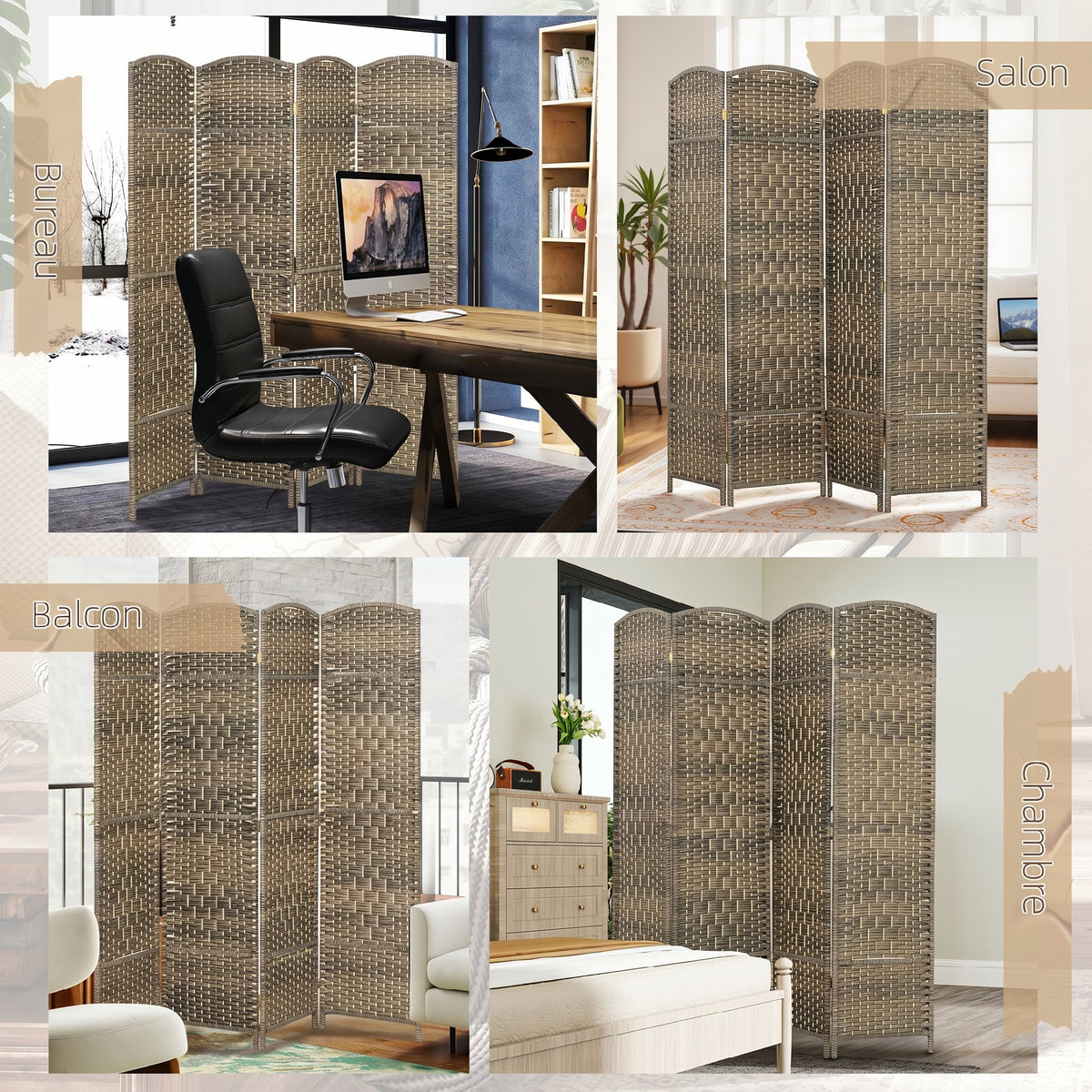 Paravent intérieur en bois 4 panneaux séparateur de pièce pliable pour salon chambre 180 x 180 cm chêne foncé