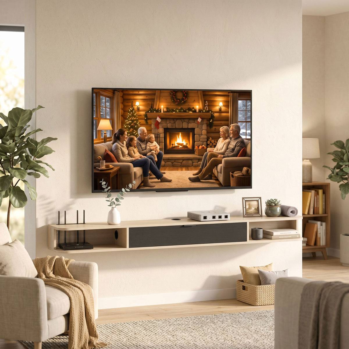 Meuble TV suspendu, meuble télé pour téléviseur jusqu'à 75 pouces, tiroir rabattable 2 étagères 180x24x16cm bois naturel