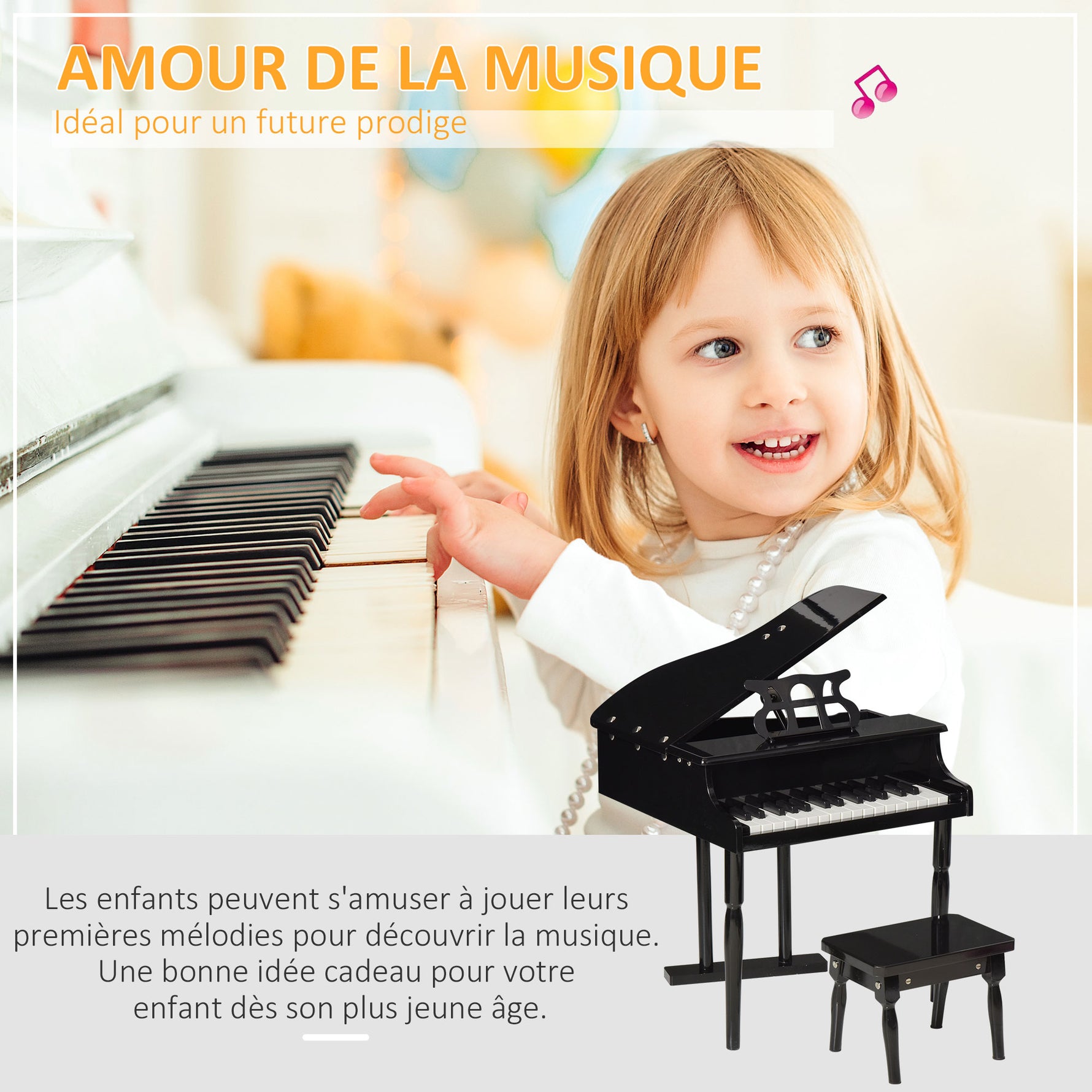 Piano à queue enfant en bois Piano enfant clavier de piano 30 touches - tabouret et pupitre inlus - Instrument de Musique - MDF noir