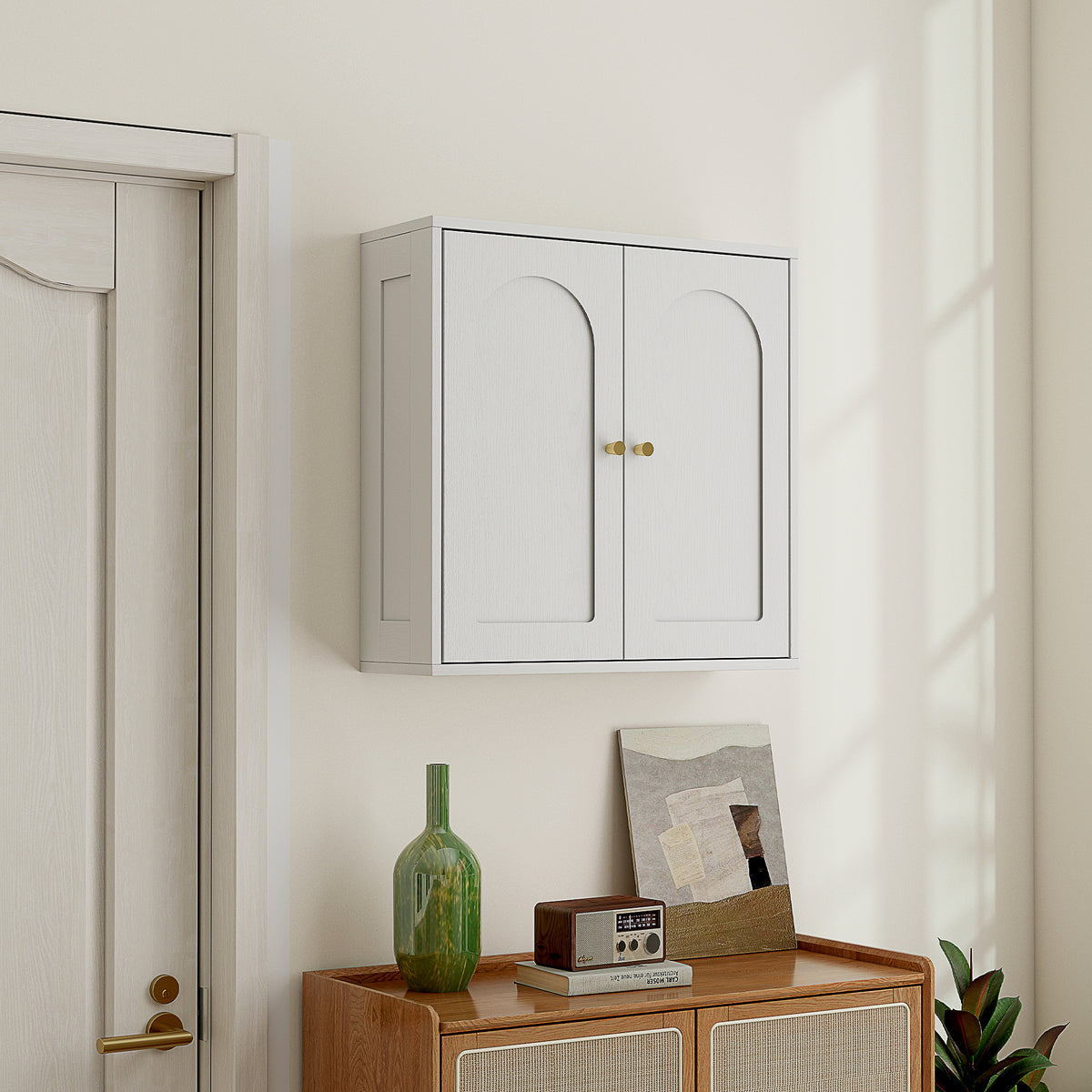 Armadio a muro, mobiletto pensile da bagno moderno con sportello a doppia anta e maniglie dorate, 60x20x60cm, bianco