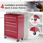Carro de herramientas con ruedas, carro de taller de acero con 5 cajones bloqueable con 2 llaves, 61,5 x 33 x 82,5 cm, rojo