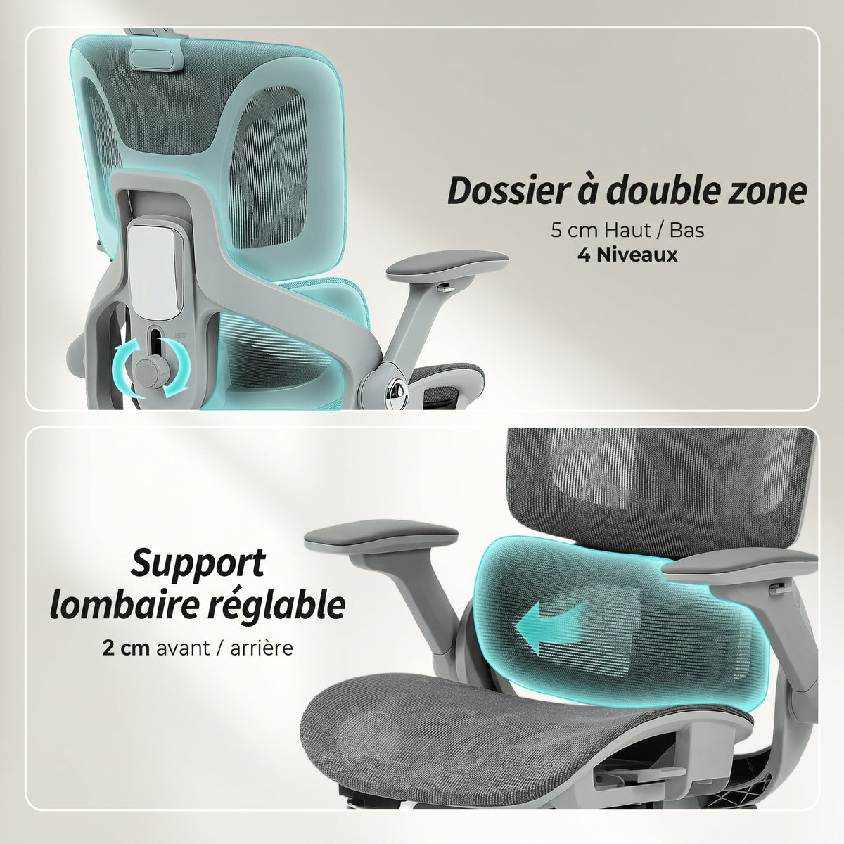 Chaise Bureau Ergonomique avec Accoudoirs 4D Appui-Tête et Profondeur d'Assise Réglables Maille Gris