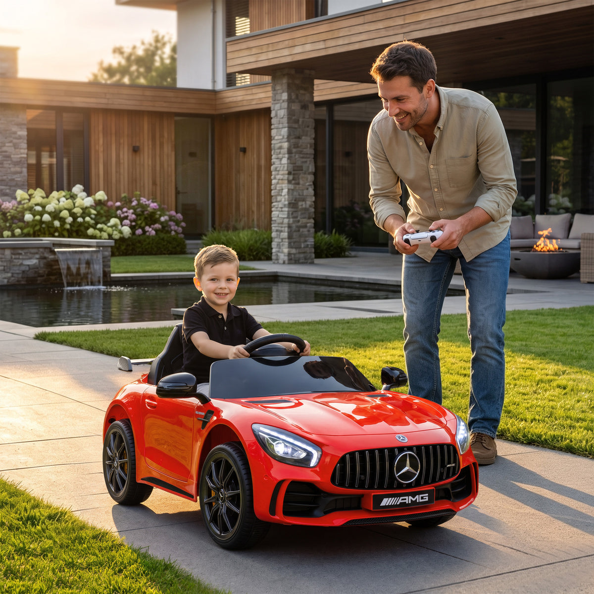 Licensed Mercedes-Benz AMG GTR 12V children's electric car, 2.4G remote control, max. 5 km/h, 108 x 67 x 46 cm, red