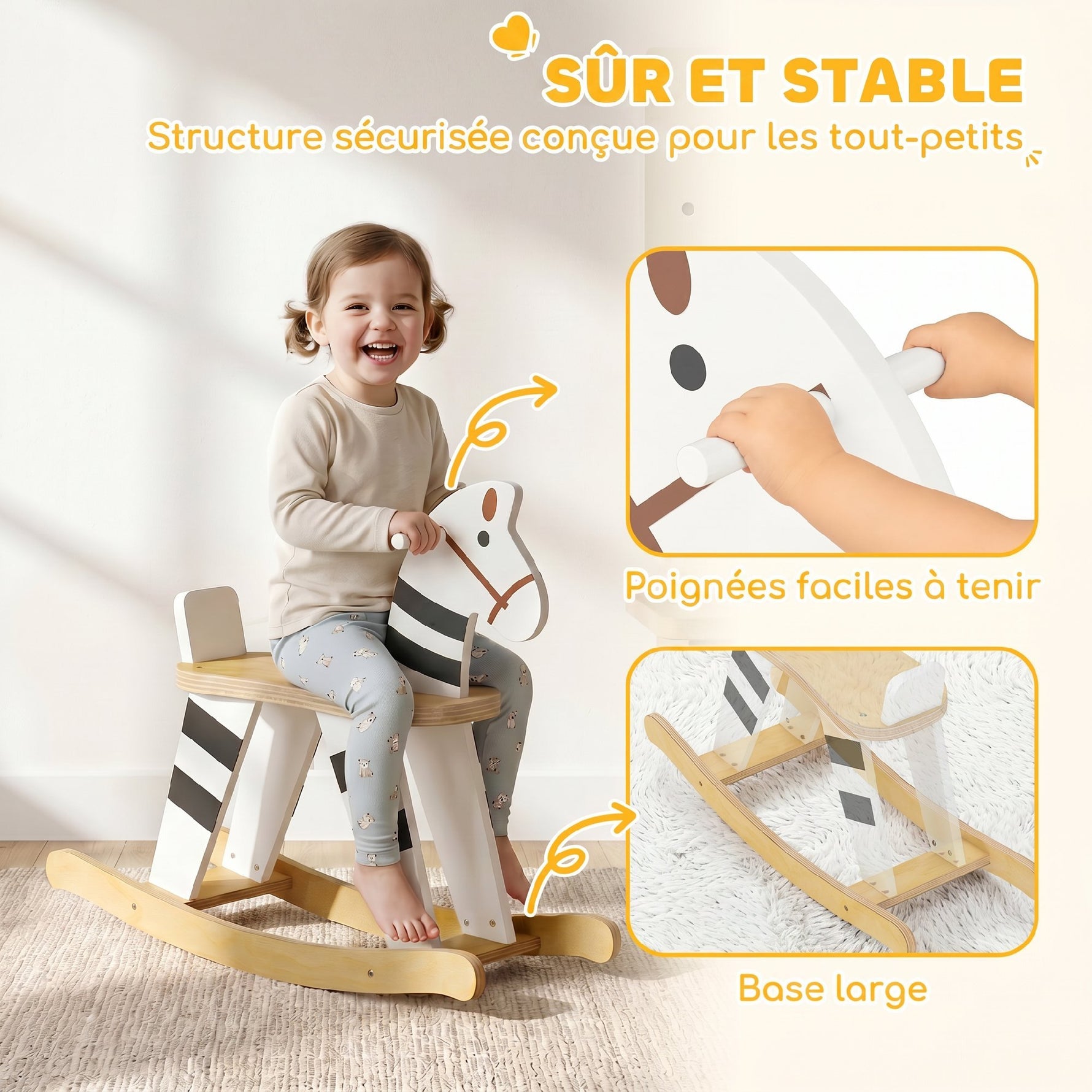 Cheval à Bascule pour Enfant, Jouet à Bascule pour Enfant avec Base en Bois et Dossier, 18 Mois à 3 Ans, Noir et Blanc