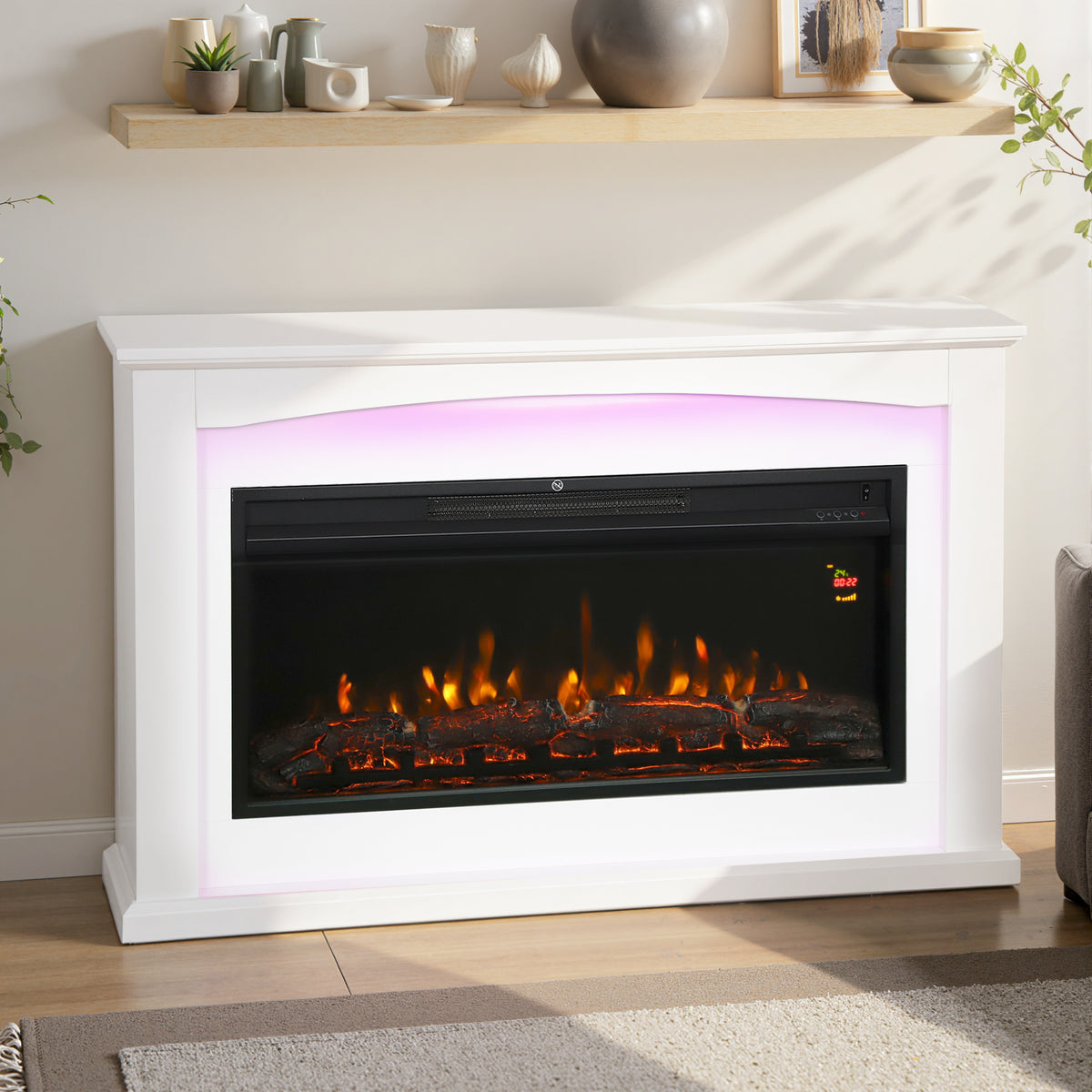 Cheminée électrique 1000W/2000W, fausse cheminée décorative, effet flamme à 5 luminosités réglables, 121x25x77cm, blanc