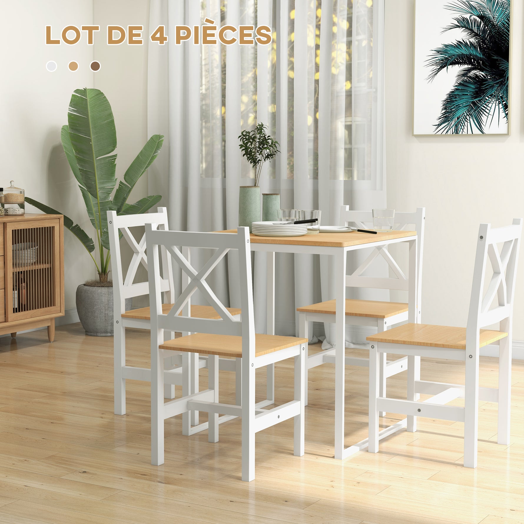 Lot de 4 chaises de salle à manger en bois massif chaise de cuisine esprit campagne dossier croisé blanc et chêne