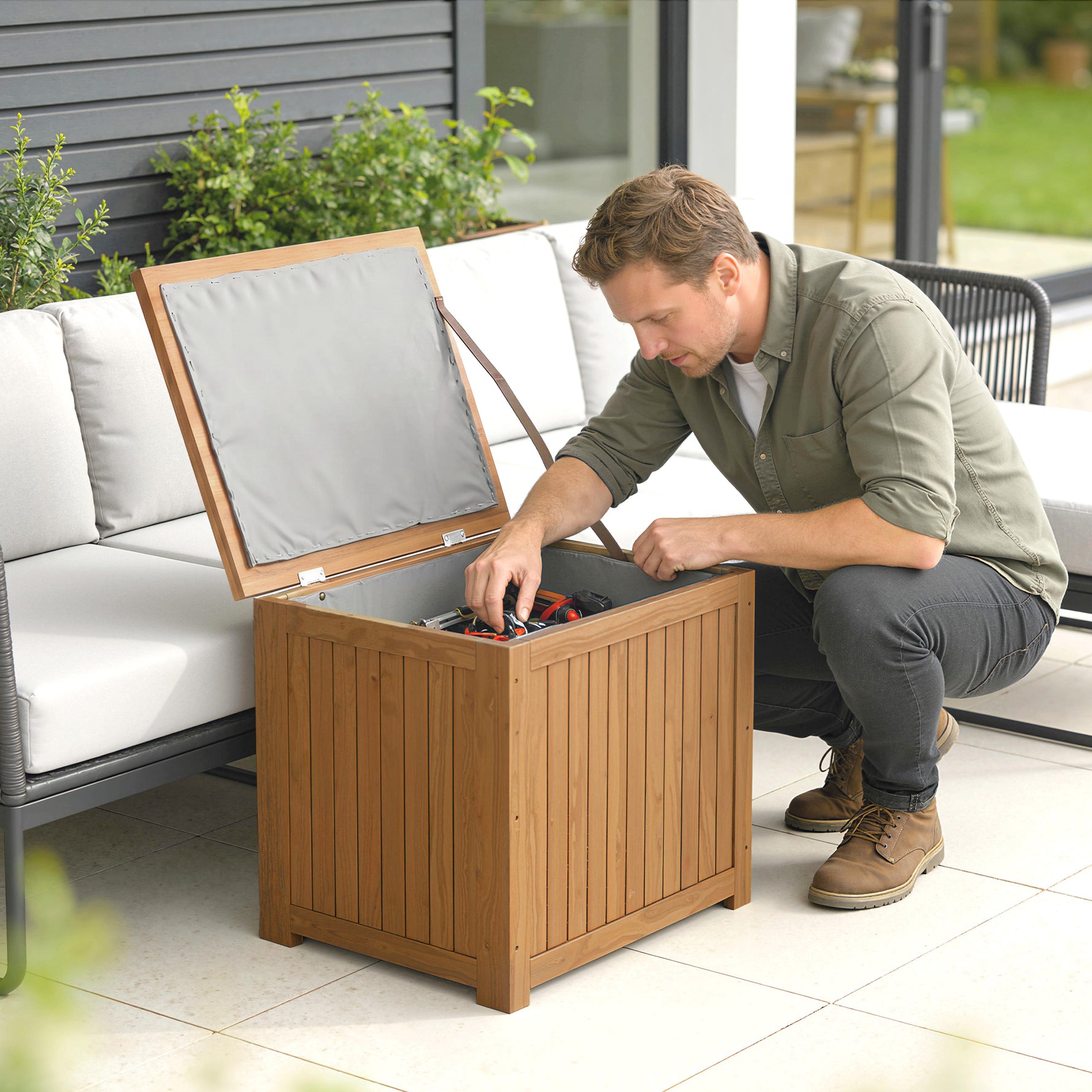 Coffre de Rangement Boîte de Jardin 130L Doublure Amovible pour Coussins et Outils Bois Massif Brun