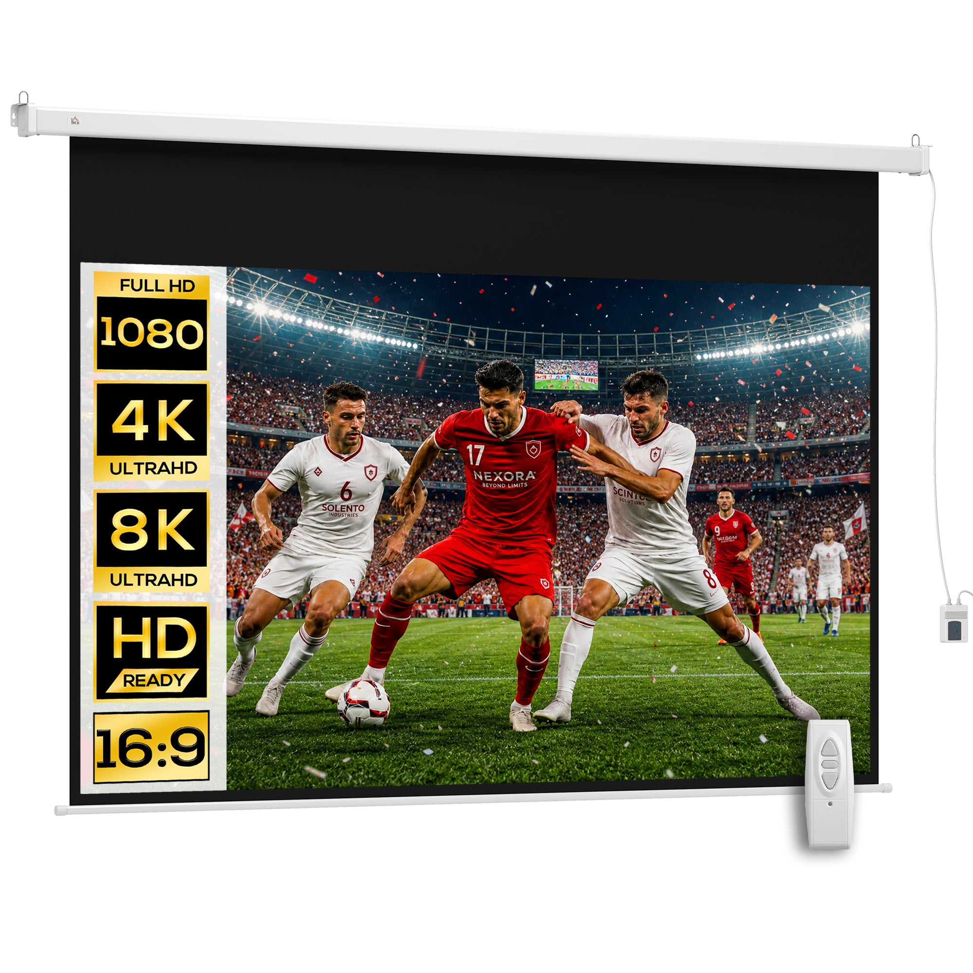 Écran vidéoprojecteur 100 Pouces, 16:9 4K HD écran de projection motorisé et électrique, écran de projection tv et home cinéma, montage mural ou plafond, panneau de commande et télécommande