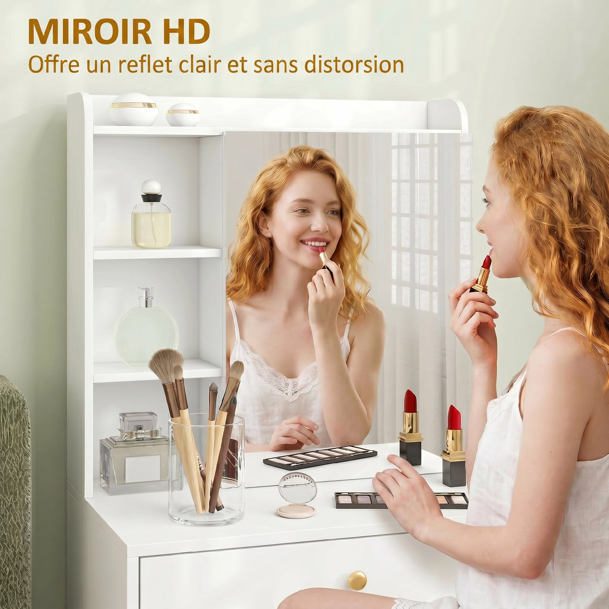 Coiffeuse avec miroir et tabouret de rangement mobile, table de maquillage, tiroirs, placard et étagères ouvertes, blanc