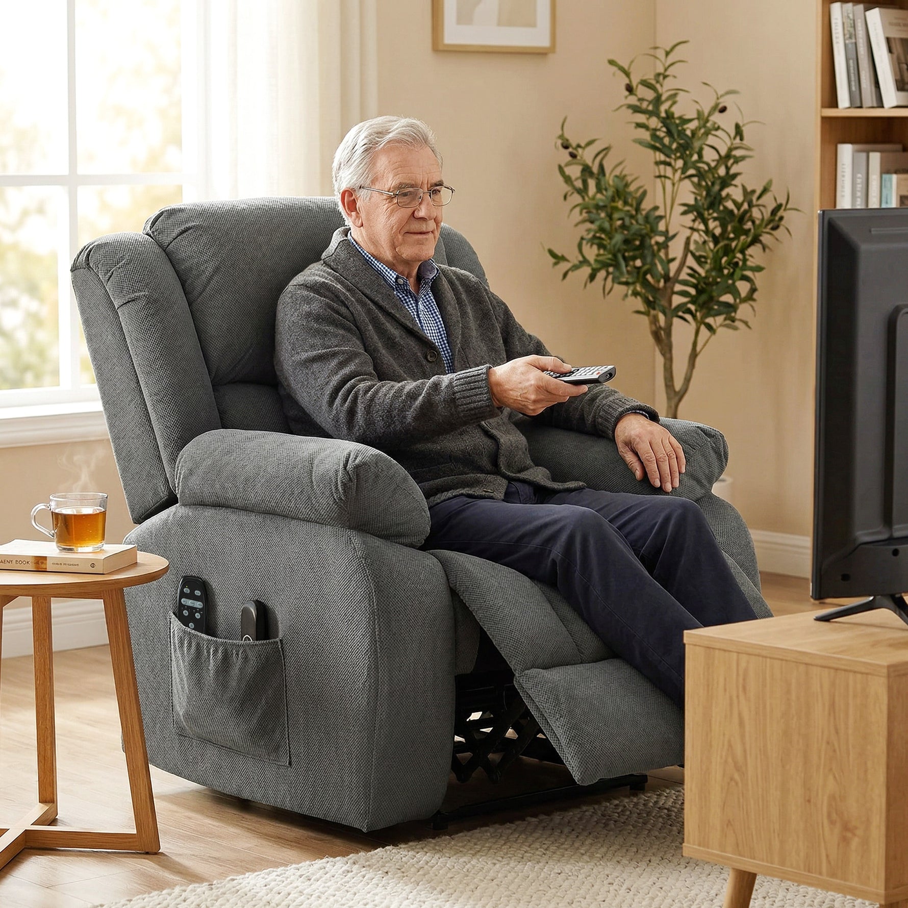 Fauteuil releveur électrique massage et chauffage avec repose-pied, dossier inclinable, télécommande et poche latérale