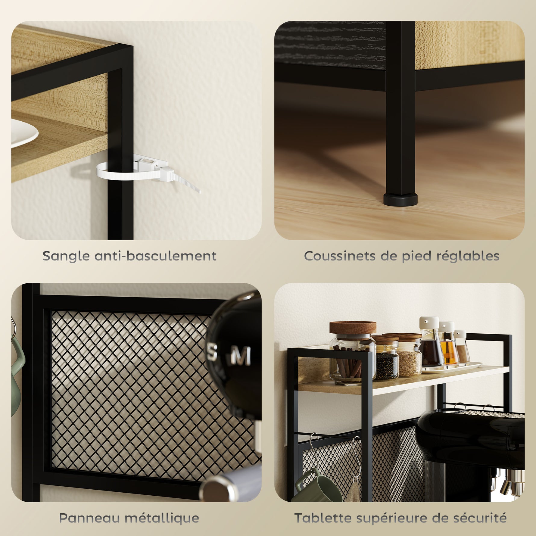 Armoire de cuisine style industriel avec 3 tiroirs, plan de travail, étagère et 4 crochets, 60x40x132cm