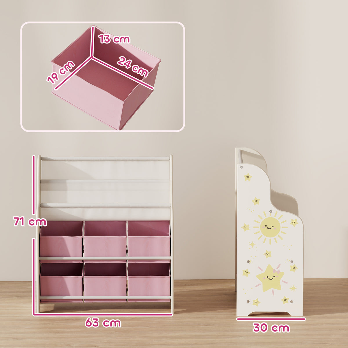 Mobile contenitore per bambini, porta giocattoli, 6 cassetti in tessuto e scaffale a due livelli, 63x30x71cm, rosa