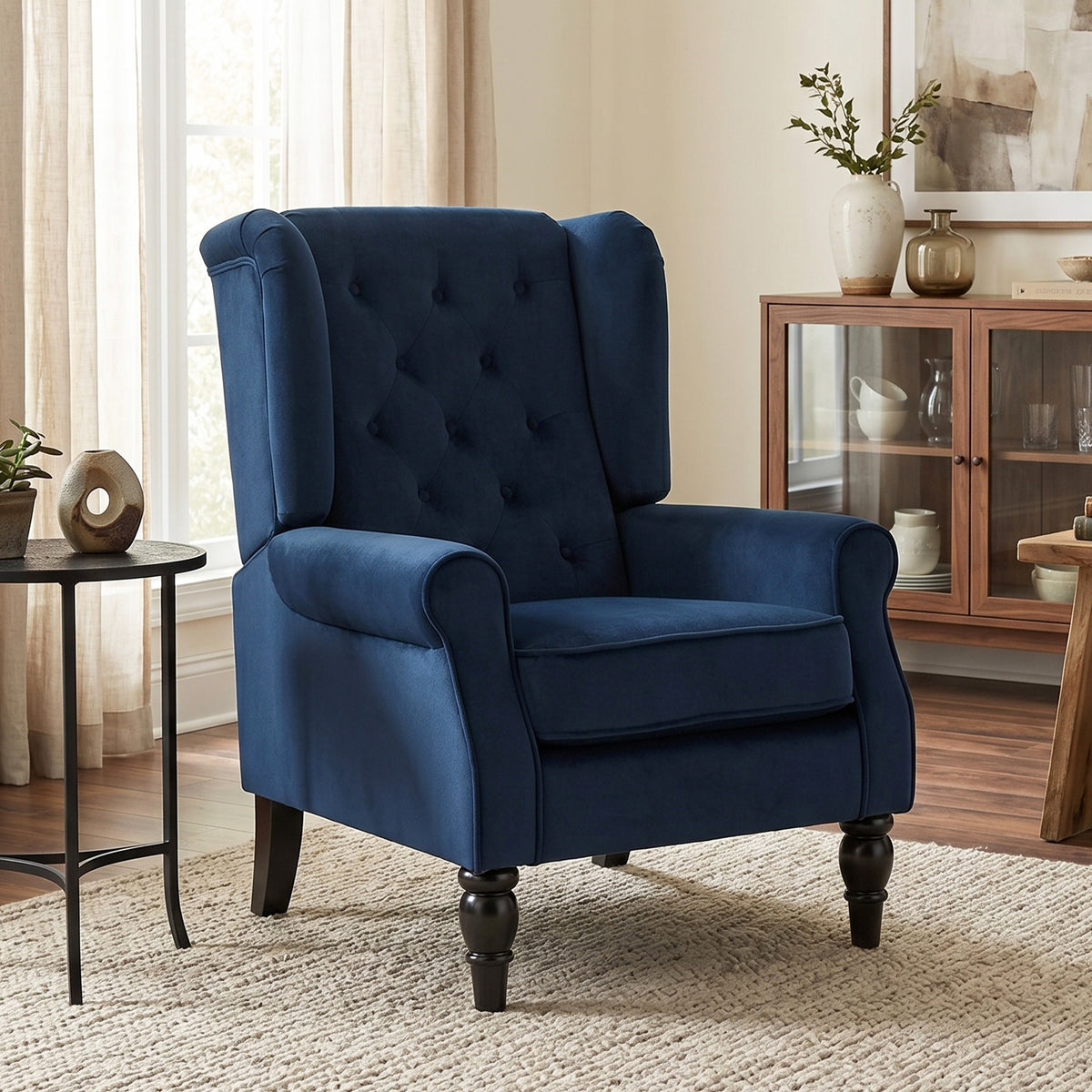 Fauteuil de salon capitonné avec assise large, pieds en bois, style classique, grand confort, 74x86x102cm, bleu foncé