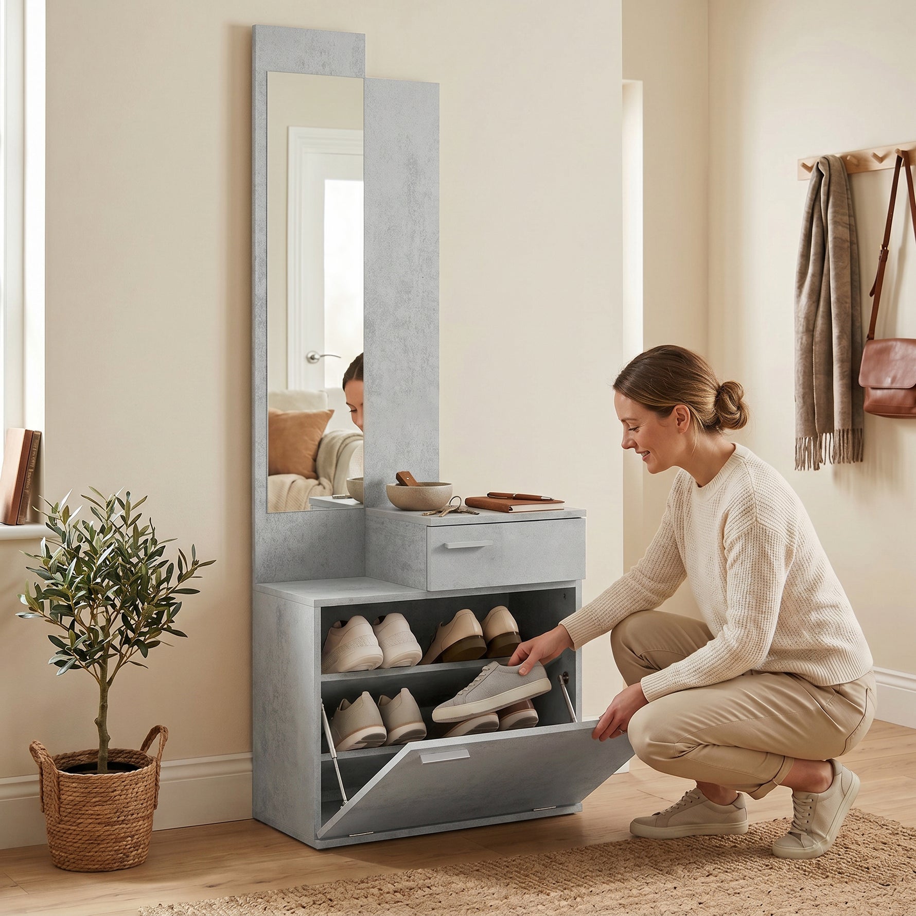 Ensemble meuble d'entrée avec meuble à chaussures abattant, vestiaire avec miroir, tiroir et plateau, gris