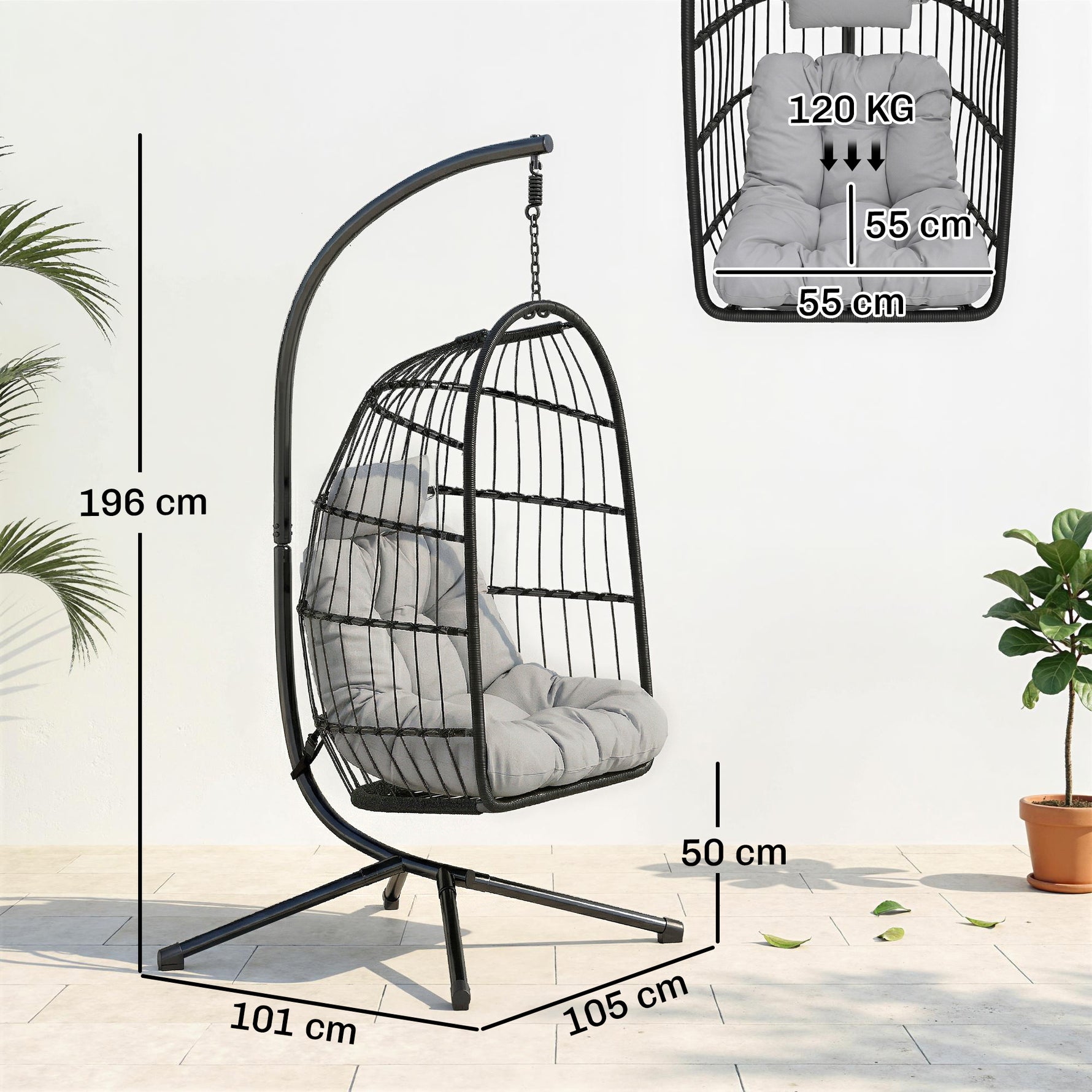 Fauteuil Œuf Suspendu Pliable avec Support Coussin 15cm et Appui-tête Gain de Place Résine Tressée 101x105x196cm Gris