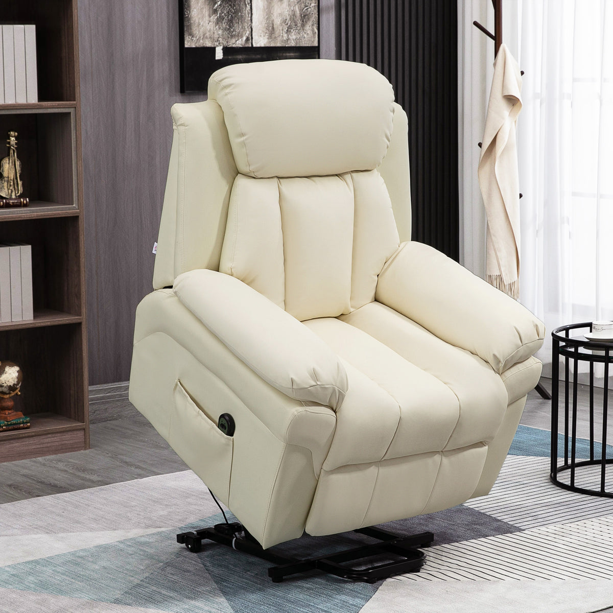 Sillón de relax eléctrico, sillón elevador reclinable con reposapiés ajustable, revestimiento sintético color crema