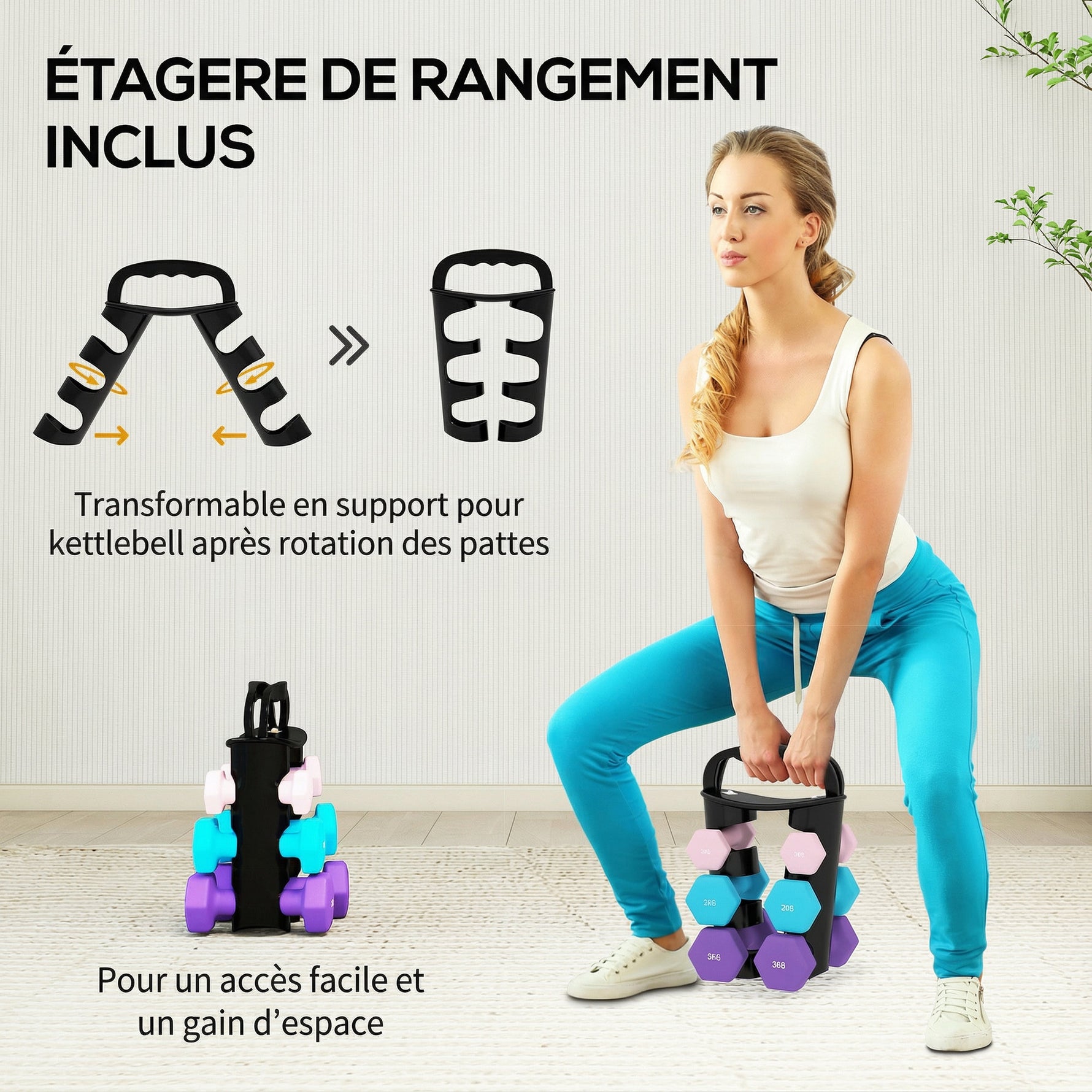 Lot d'haltères hexagonaux, haltères musculation, 2 x 1 kg, 2 x 2 kg, 2 x 3 kg, avec support convertible d'haltères
