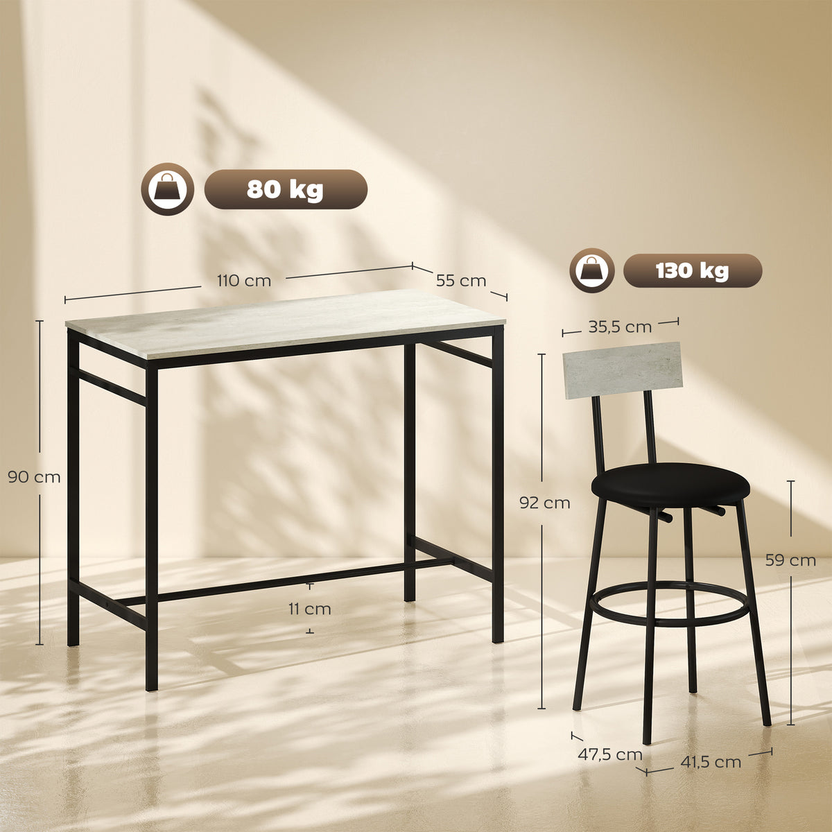 Conjunto de mesa de bar con taburetes, mesa de bar alta y 4 taburetes, estructura de acero, 110 x 55 x 90 cm, blanco
