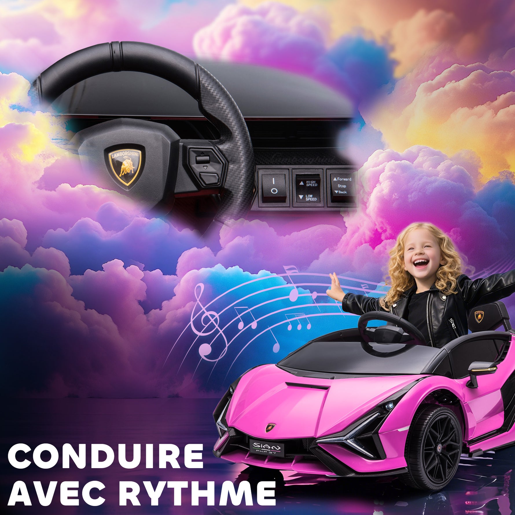 Voiture électrique Enfants de Sport Véhicule électrique Lamborghini Sian 12 V - V. Max. 5 Km/h avec Télécommande 2,4G Effets sonores + Lumineux Rose