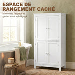 Meuble de salle de bain, meuble de rangement étroit avec 4 portes et étagères réglables, style moderne, blanc