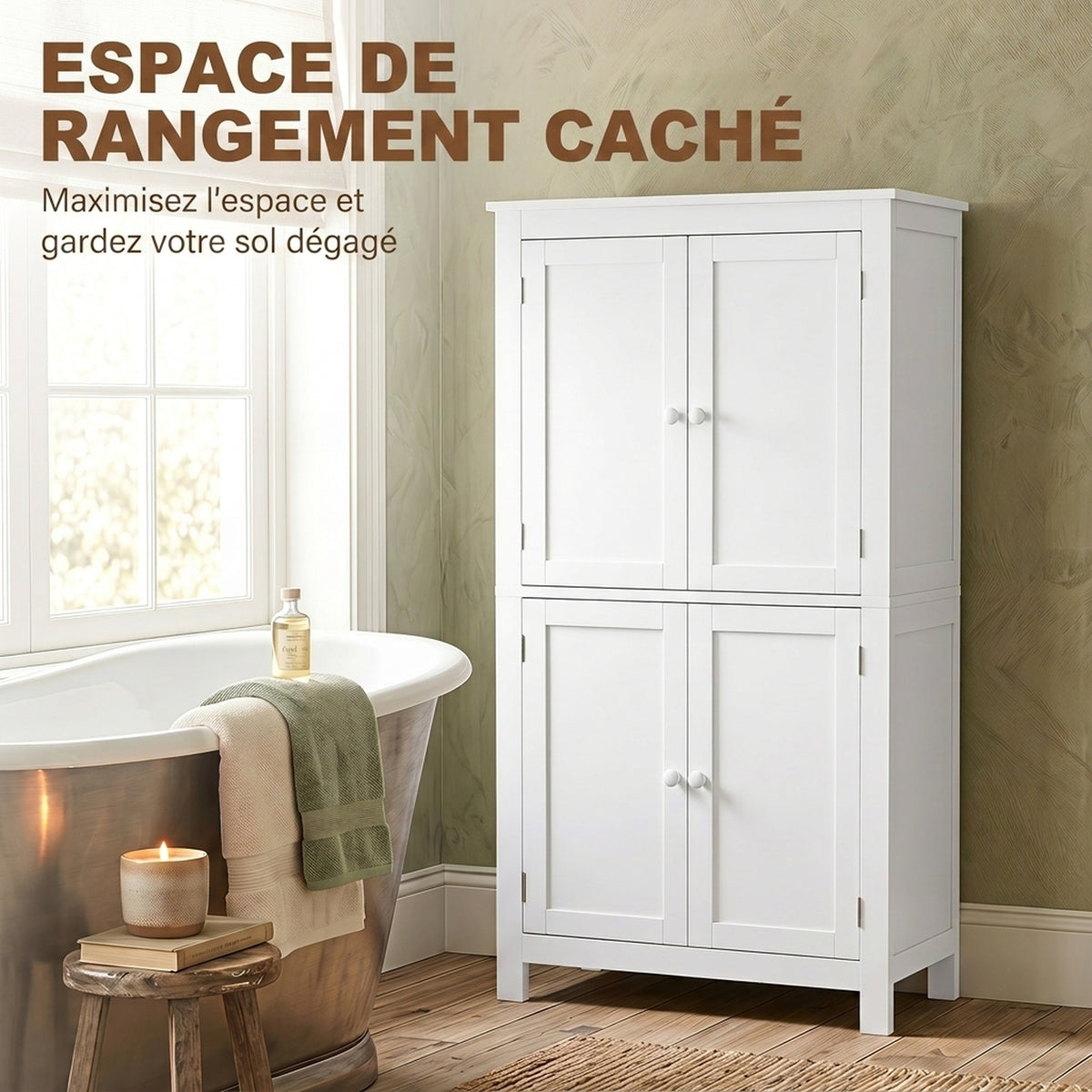 Meuble de salle de bain, meuble de rangement étroit avec 4 portes et étagères réglables, style moderne, blanc
