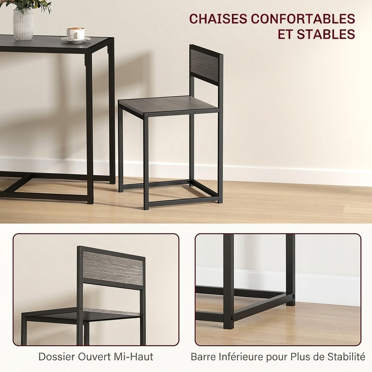 Conjunto de mesa y sillas, mesa de comedor de 3 piezas con 2 sillas apilables, para cocina, salón, hogar, gris