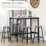Ensemble table haute et 4 tabourets avec Repose-Pieds, métal noir et aspect bois pour cuisine salle à manger