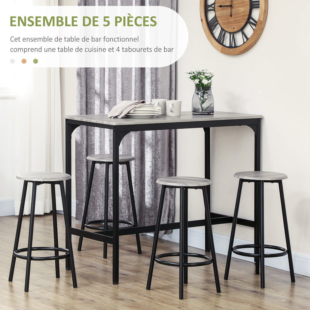 Ensemble table haute et 4 tabourets avec Repose-Pieds, métal noir et aspect bois pour cuisine salle à manger