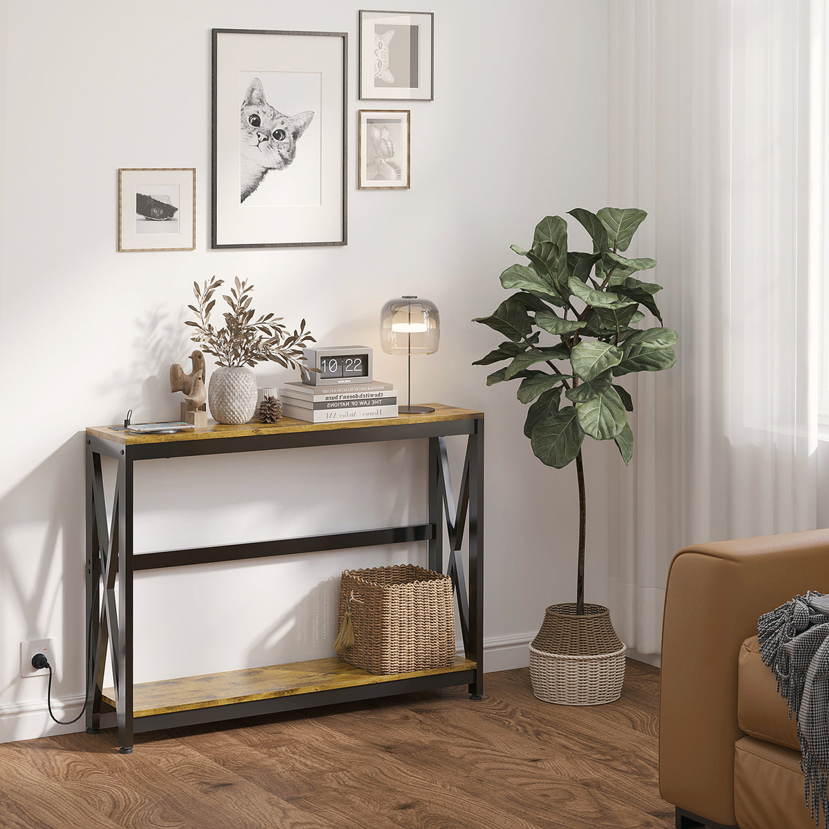 Console meuble étroite à 2 niveaux style industriel avec prises de courant et USB, 100 x 24 x 75 cm, marron