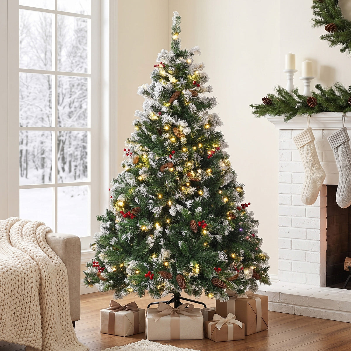 Albero di Natale artificiale luminoso e innevato 150cm, Albero di Natale, Telecomando, 11 modalità di illuminazione, 210 LED, Verde