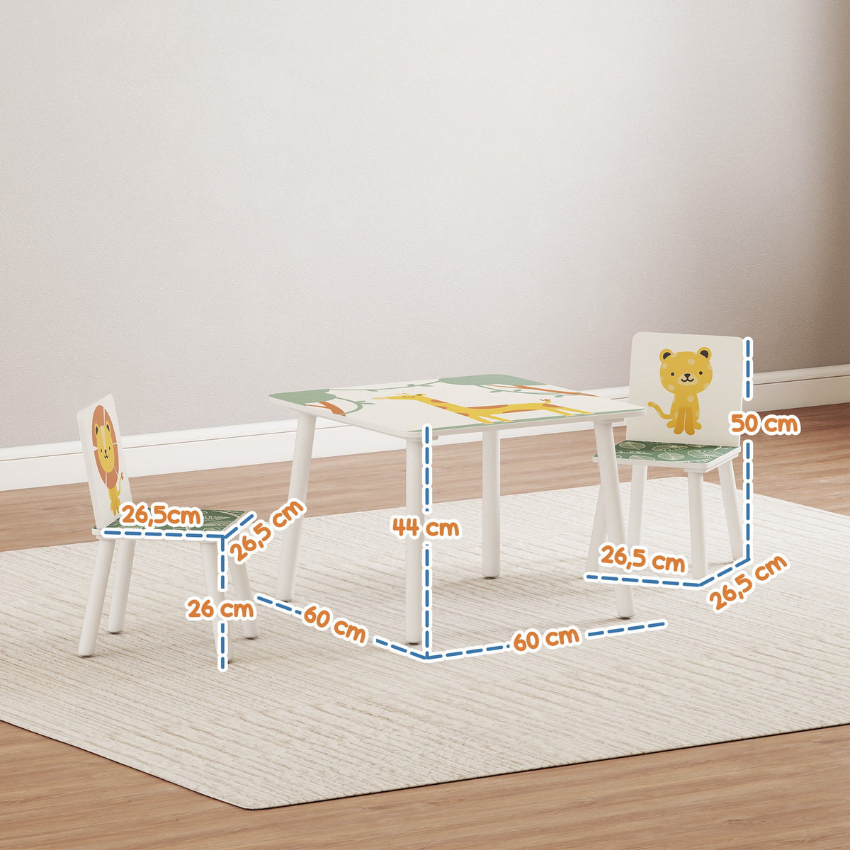 Table enfant avec chaise, ensemble table et 2 chaises enfant en bois, motifs animaux, 60 x 60 x 44 cm, vert