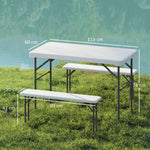 Ensemble table pliante et bancs de pique-nique 113 cm avec poignées de transport, table et banc pliable gris clair blanc