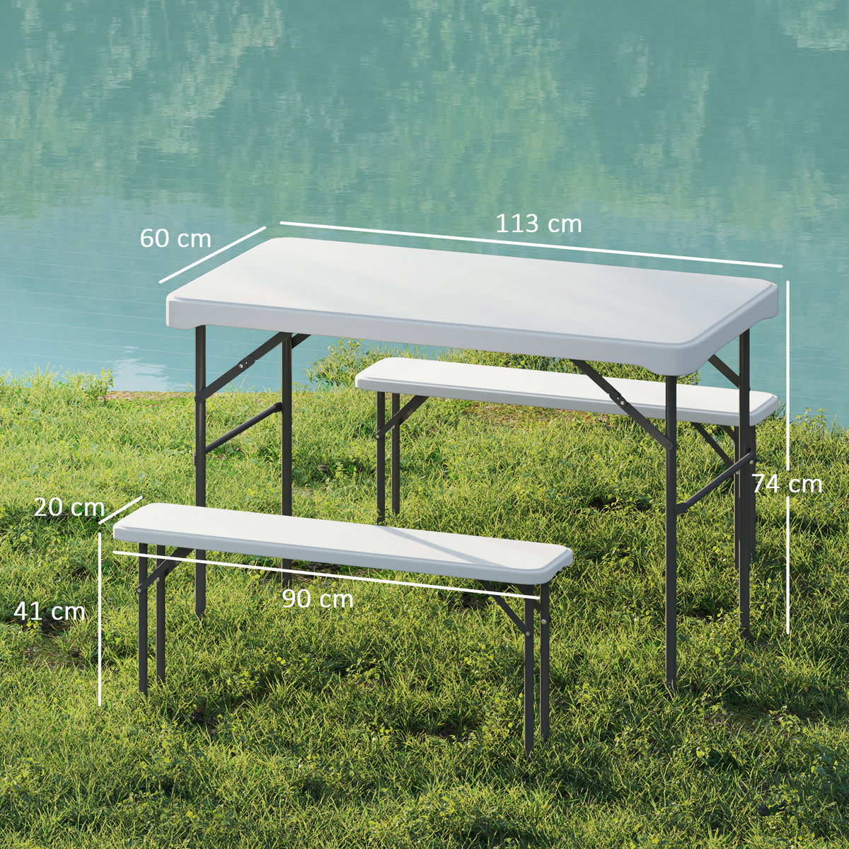 Ensemble table pliante et bancs de pique-nique 113 cm avec poignées de transport, table et banc pliable gris clair blanc