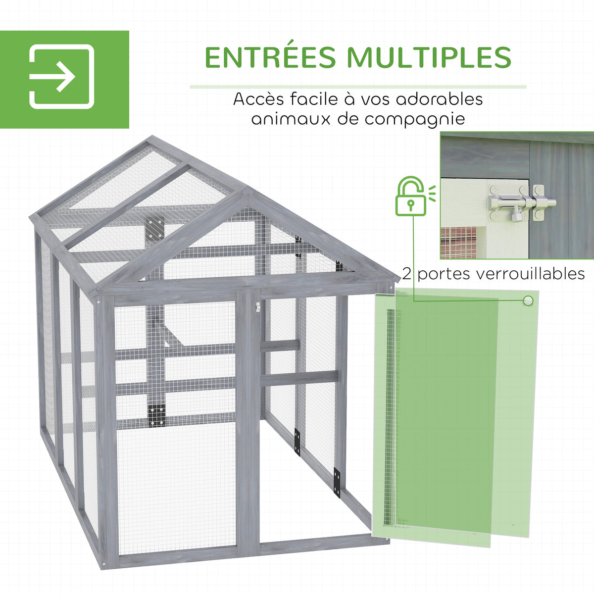 Enclos poulailler 1,18 m², parc grillagé avec porte verrouillables, cadre en bois massif, 140 x 88,5 x 106 cm, gris