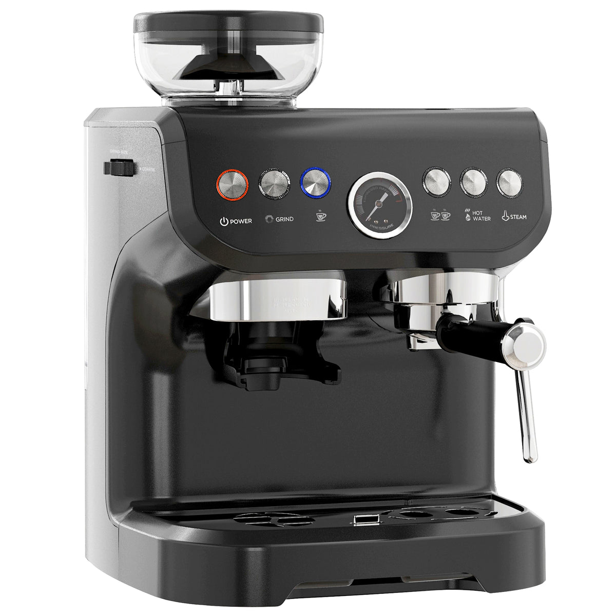 Espressomaschine 1600 W mit Mahlwerk, Dampfdüse, italienischer 15-Bar-Pumpe, 2-L-Wassertank, schwarz