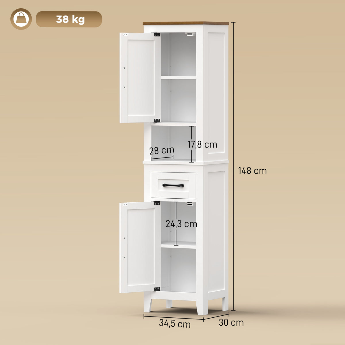 Meuble de salle de bain, meuble de rangement, 2 portes, tiroir, compartiment ouvert et étagères réglables, blanc