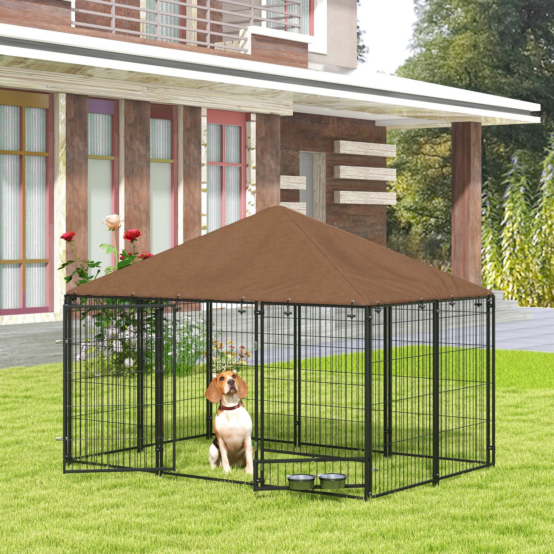 Chenil extérieur pour Chiens en acier et Tissu Oxford Support gamelle et Toit résistant aux intempéries Espace spacieux-1